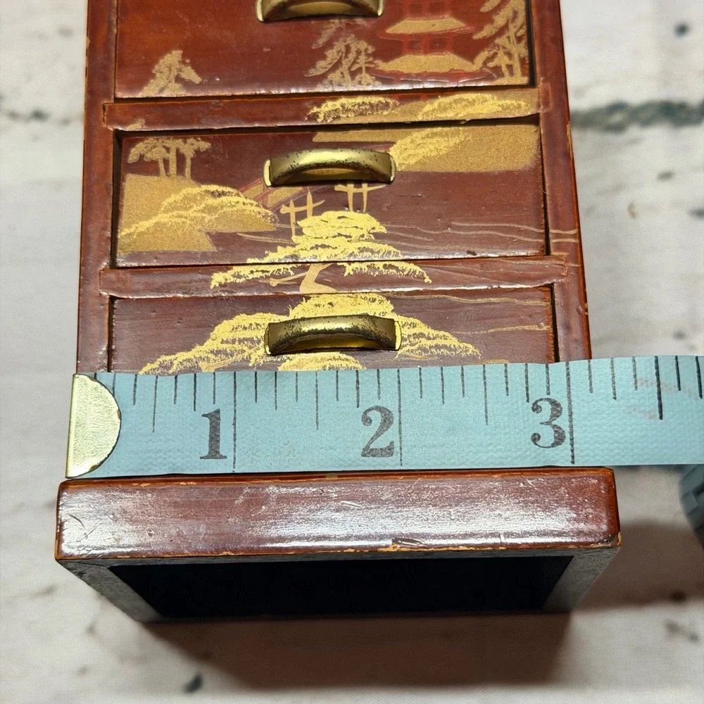 Vintage Japanese‎ Lacquer Jewelry Box Chest Gold Hand Painted Trinket Storage